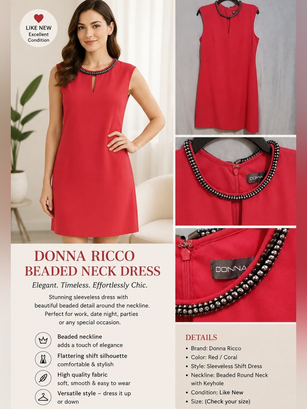 Donna Ricco Beaded Neck Dress, Knee Length, Red, Size 10